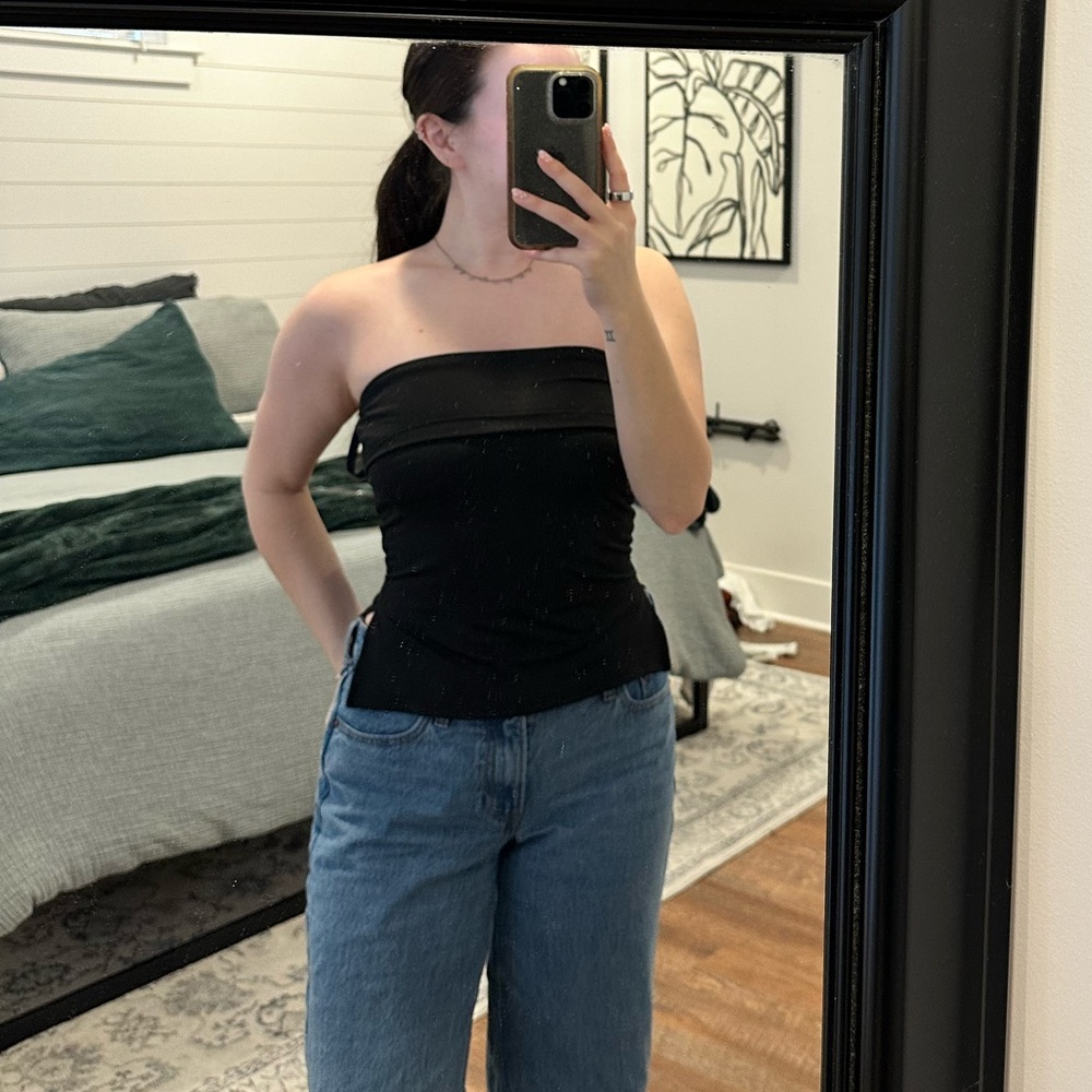 Black Strapless Foldover Tube Top with Side Slits